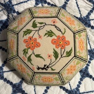 Vintage Needlepoint Pillow- Cream, Blush/Soft Coral and Green